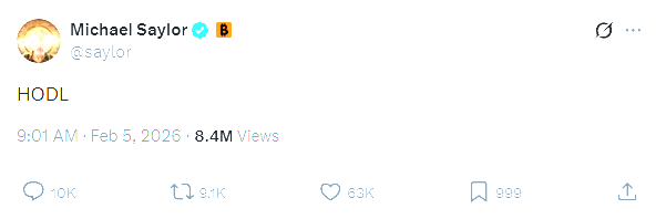 A social media post by Michael Saylor, dated 5 February 2026, whose entire text is the single word HODL. The post shows 8.4 million views.